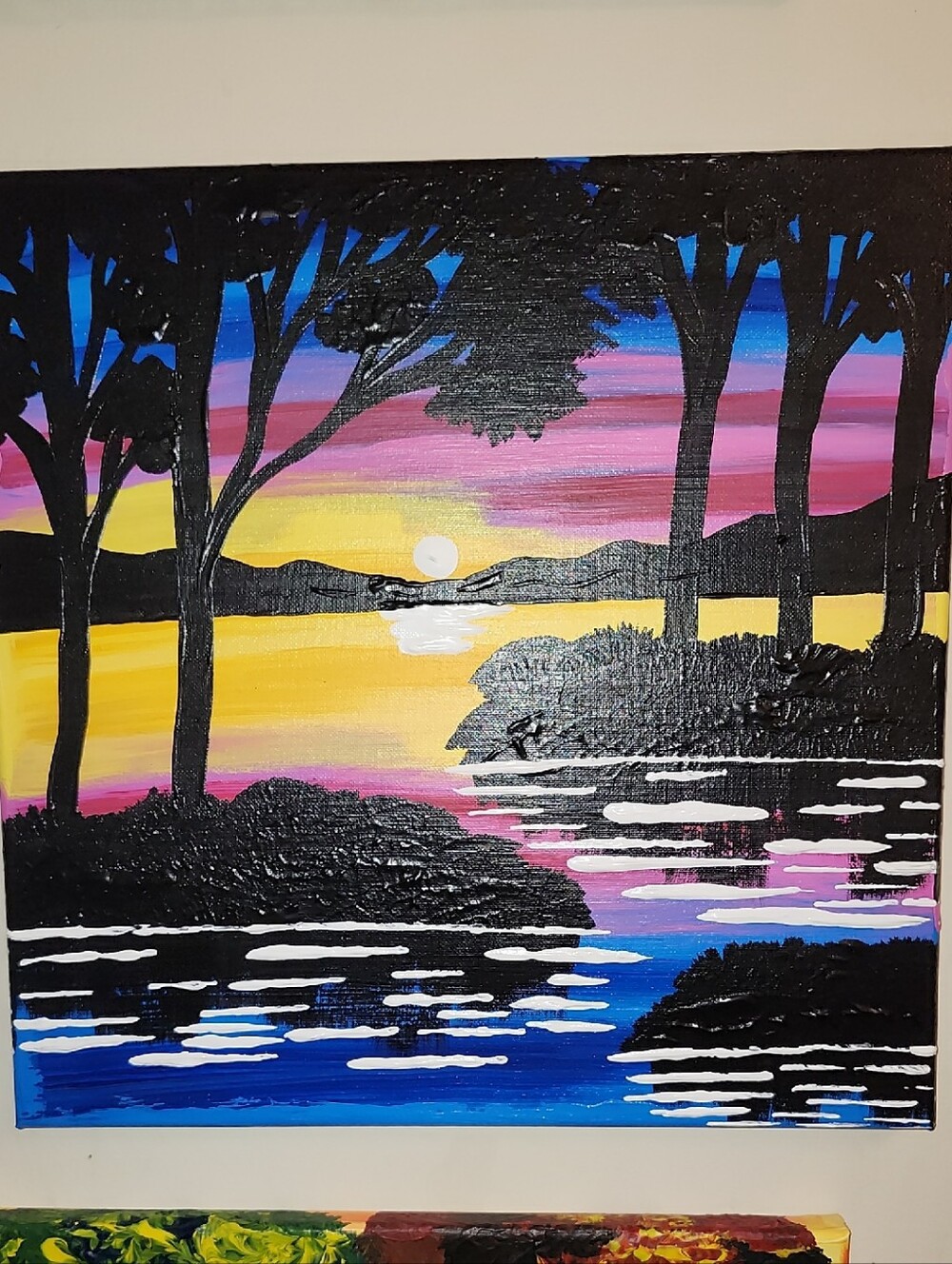 Original 🌄Sunset Lake Silhouette Canvas Wall Art - Black, Pink, Yellow, Blue